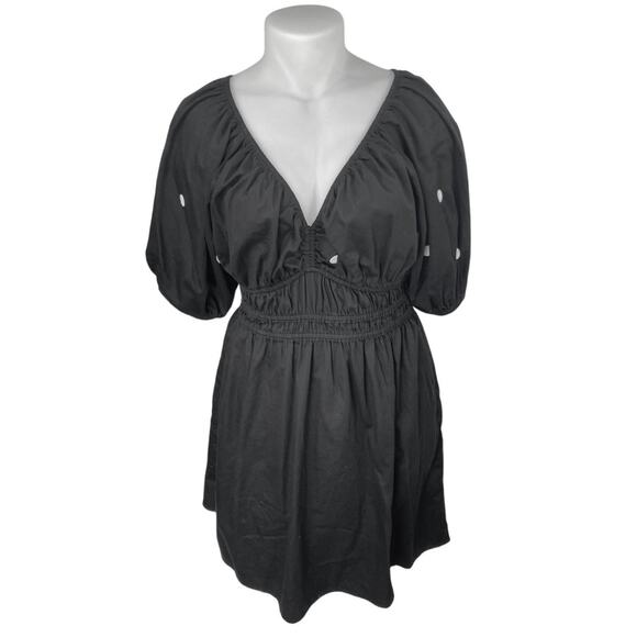 Old Navy Black Short Puff Sleeve Polka Dot Deep V Neck Fit & Flare Midi Dress LT - Picture 1 of 4